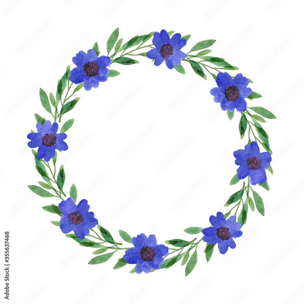 watercolor wreath with blue flowers, botanical illustration
