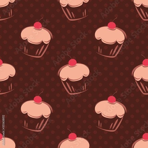 Seamless vector pattern or tile background with cherry cupcakes  muffins  sweet cake and polka dots on chocolate brown background