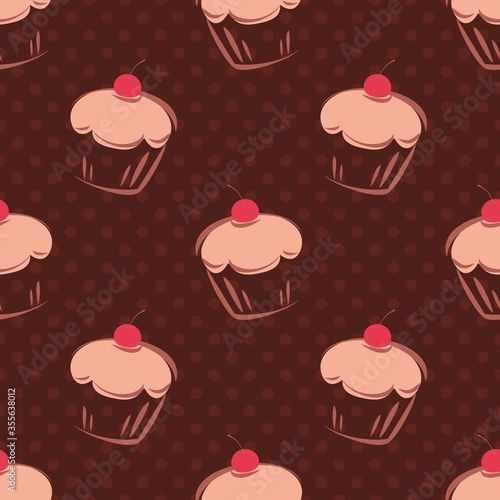 Seamless vector pattern or tile background with cherry cupcakes, muffins, sweet cake and polka dots on chocolate brown background