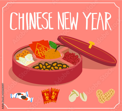 Chinese New Year Candy Box for storing candy and other edible goods. Translation: "Fu" means - "good fortune", words on candy means "red packet"