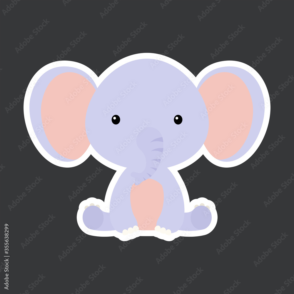 Sticker of cute baby elephant sitting. Adorable safari animal character for design of album, scrapbook, card, poster, invitation. Sticker of cute baby elephant sitting. Adorable safari animal character for design of album, scrapbook, card, poster, invitation.