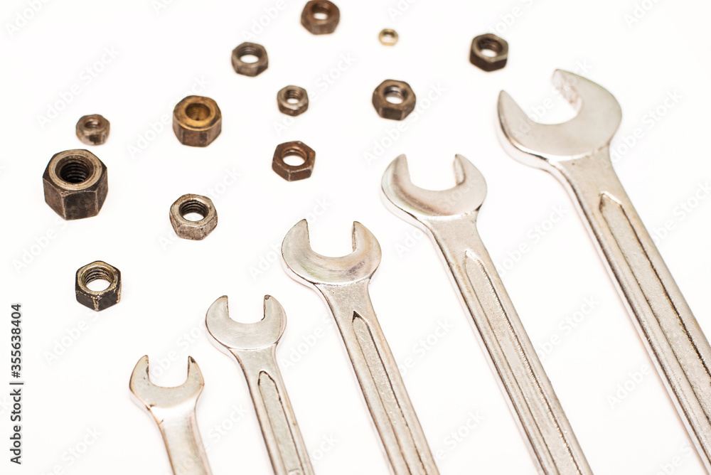 Repair tools wrenche, spanners and nuts. Car inspection and maintenance.