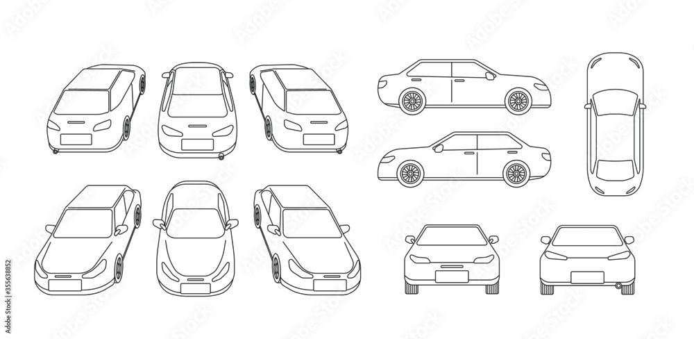 car thin line drawing different view set