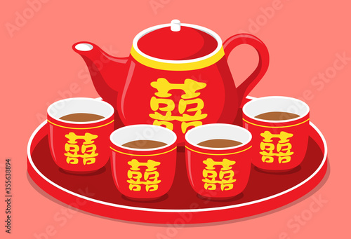 Teapot and cups used in traditional Chinese wedding ceremony. Translation: Double Happiness