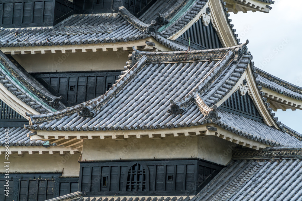 Detail of Original Keep (天守) of Matsumoto Castle (松本城). Hirashiro (flatland castle) listed as Japan National Treasure. Nagano Prefecture, Japan Detail of Original Keep (天守) of Matsumoto Castle (松本城). Hirashiro (flatland castle) listed as Japan National Treasure. Nagano Prefecture, Japan