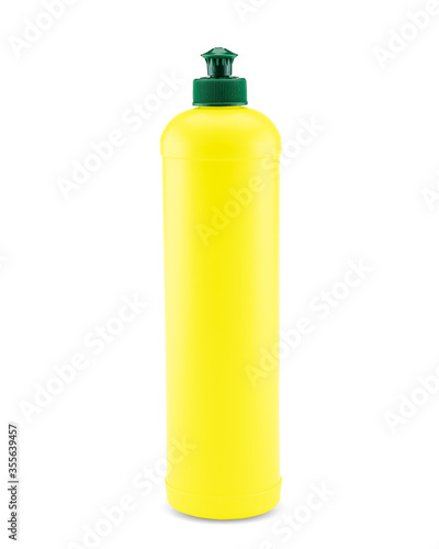 Yellow plastic bottle with push and pull cap on white background with clipping path