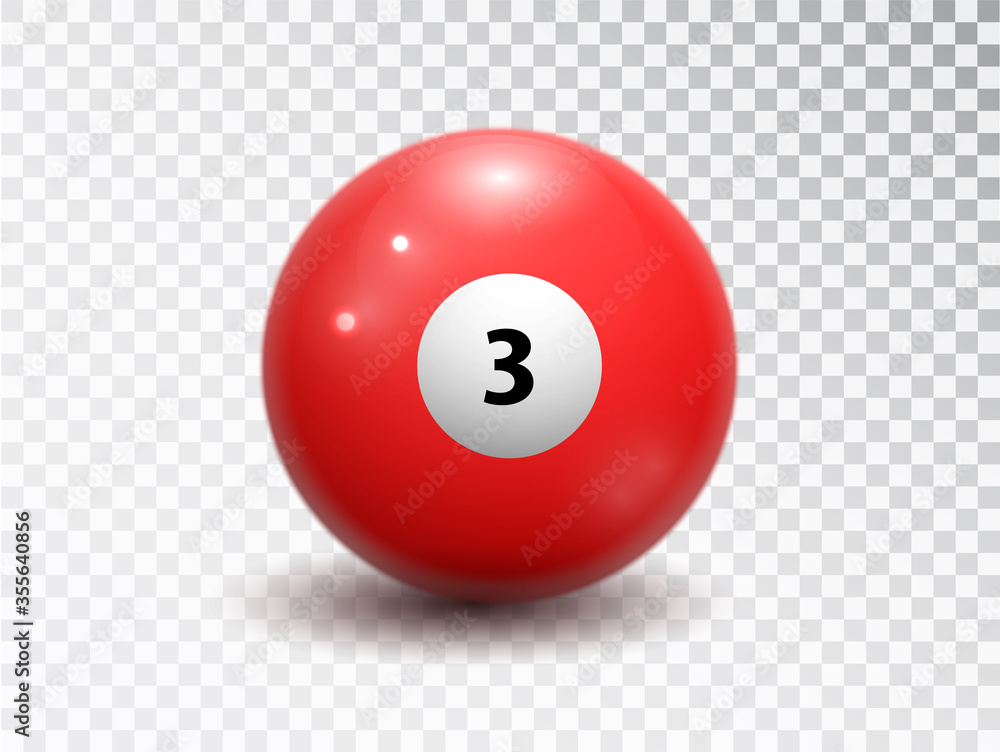 Billiard ball number three isolated on transparent background. Glossy shiny ball with number 3. Realistic red sphere Billiard ball number three isolated on transparent background. Glossy shiny ball with number 3. Realistic red sphere
