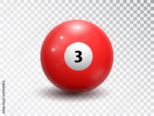 Billiard ball number three isolated on transparent background. Glossy shiny ball with number 3. Realistic red sphere