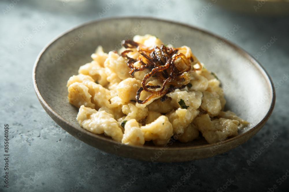 Traditional German noodles with cheese and fried onion Traditional German noodles with cheese and fried onion