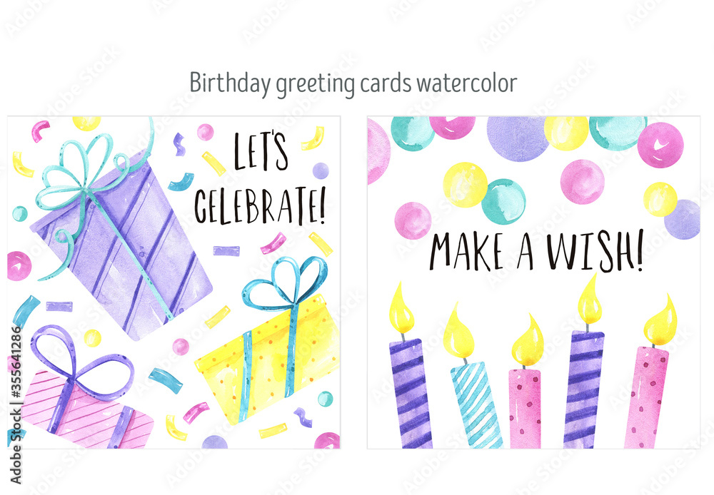 Birthday greeting card watercolor, party, candles, confetti, gift, balloon. Party celebrations accessories. Colorful balloons. Party celebrations accessories. Happy Birthday. Baby party. 