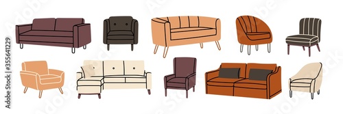 Set of Various modern colorful comfortable Armchairs and Couches. Soft furniture for rest and relaxation. Room decoration, interior design. Hand drawn Vector illustrations. All elements are isolated