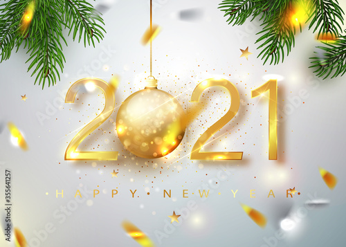 2021Happy new year. Gold Numbers Design of greeting card of Falling Shiny Confetti. Gold Shining Pattern. Happy New Year Banner with 2021 Numbers on Bright Background. Vector illustration. photo