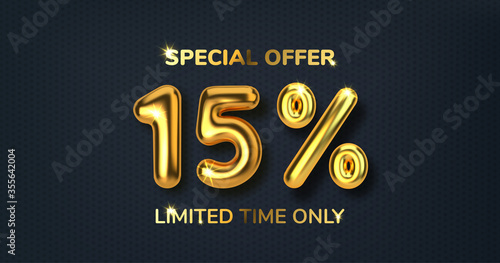 15 off discount promotion sale made of realistic 3d gold balloons. Number in the form of golden balloons. Template for products, advertizing, web banners, leaflets, certificates and postcards. Vector