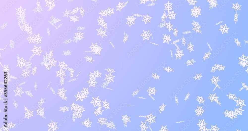 紫の背景に降る雪の結晶、３Dレンダリング