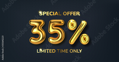 35 off discount promotion sale made of realistic 3d gold balloons. Number in the form of golden balloons. Template for products, advertizing, web banners, leaflets, certificates and postcards. Vector