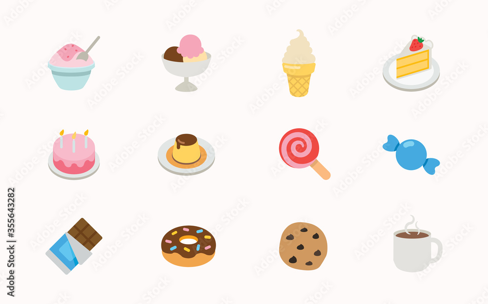 Sweet Dessert icons set. Cake, Ice Cream, Cookie, Candy, Chocolate bar, Lollipop, Strawberry Cake flat illustrations collection