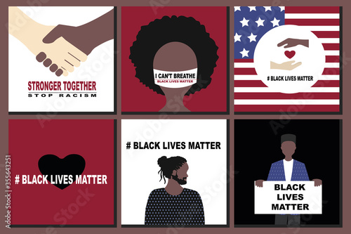 Big set  Black Lives Matter and  I Can't Breathe concept. Vector Illustration, Young African Americans man and woman against racism,  protest banners and posters about Human Right of Black People  US