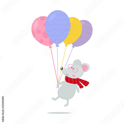 Cute mouse with balloons on white background. Vector illustration