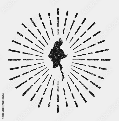 Vintage map of Myanmar. Grunge sunburst around the country. Black Myanmar shape with sun rays on white background. Vector illustration. photo