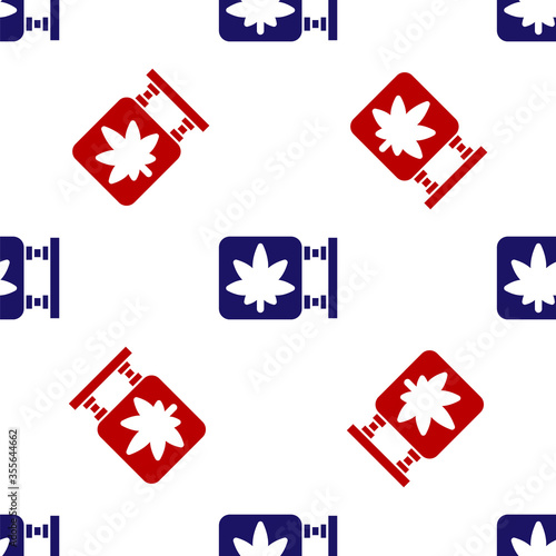 Blue and red Marijuana and cannabis store icon isolated seamless pattern on white background. Equipment and accessories for smoking, storing medical cannabis. Vector Illustration.