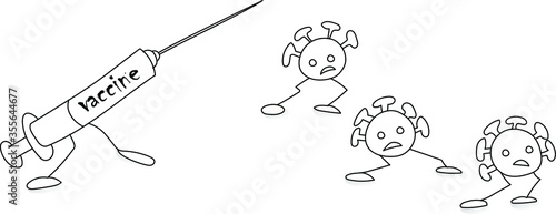 stop coronovirus. The fight against infection. The vaccine kills Sovid-19, an active drug. Viruses run away in fear, but then die. Funny character