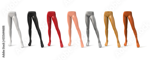 Female slender legs. Plastic mannequin in white, black, red, beige, gold, silver, bronze color. Vector 3d realistic illustration on a white background.