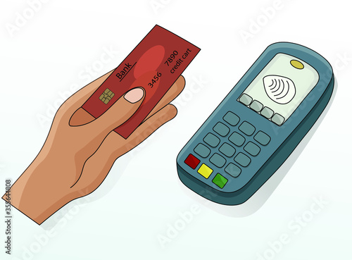 When quarantining a coronvirus epidemic, pay for your purchases with a credit card. Cashless payment terminal and hand with a bank card. Vector poster - card payment