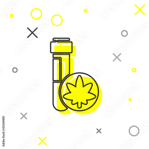 Grey line Chemical test tube with marijuana or cannabis leaf icon isolated on white background. Research concept. Laboratory CBD oil. Vector Illustration.