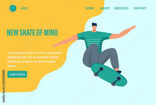 A young man or teenager rides a skateboard. New skate of mind. Website homepage landing web page template. Flat vector illustration.