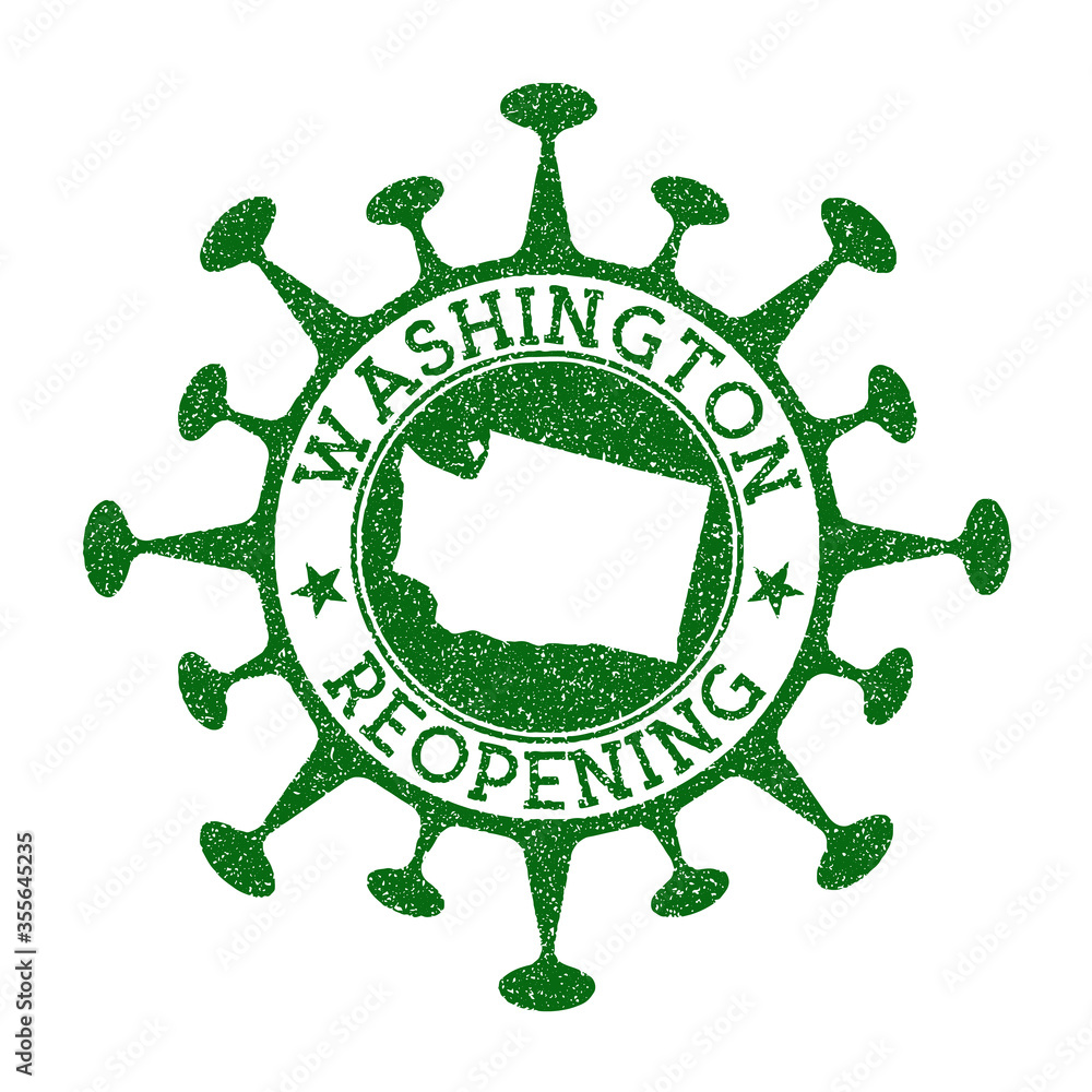 Washington Reopening Stamp. Green round badge of us state with map of Washington. Us state opening after lockdown. Vector illustration.