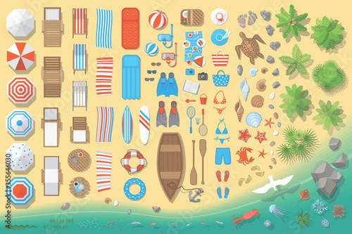 Icons set. Beach elements and objects. (top view) Isolated Vector Illustration. Beach, umbrellas, sunbeds, chairs, games, clothing, shells, fish, animals, palm trees. (view from above).