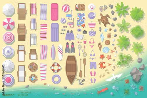 Icons set. Beach elements and objects. (top view) Isolated Vector Illustration. Beach, umbrellas, sunbeds, chairs, games, clothing, shells, fish, animals, palm trees. (view from above).