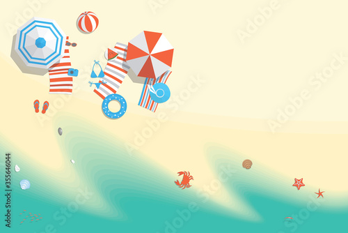 Vector illustration. Sunny beach view from above. Summertime - sea, sand, umbrellas, towels, clothes, objects. (Top view) 