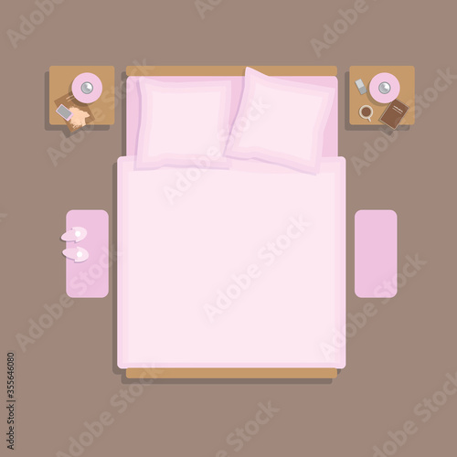 Vector illustration. Bedroom. (top view) 
Double bed with bedside tables. (view from above) 