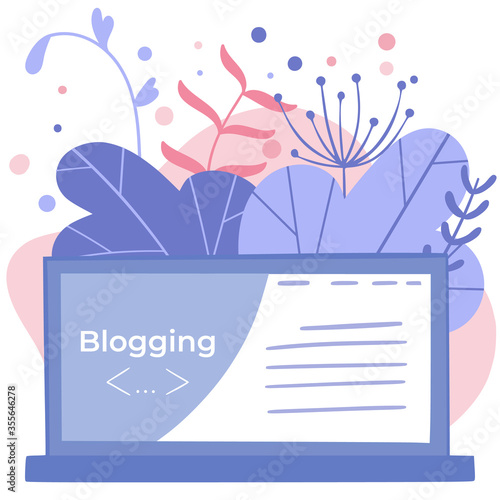 Video blogger, freelancer miniature people blogging a new content on website. Make review digital technology flat cartoon miniature illustration vector graphic on white background.