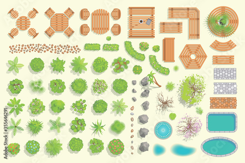 Set of park elements. (Top view)
Collection for landscape design, plan, maps. (View from above)