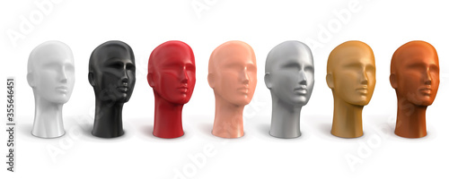 Mannequin of a female head. White, black, red, beige, gold, silver, bronze colors. Vector 3d realistic illustration on a white background.