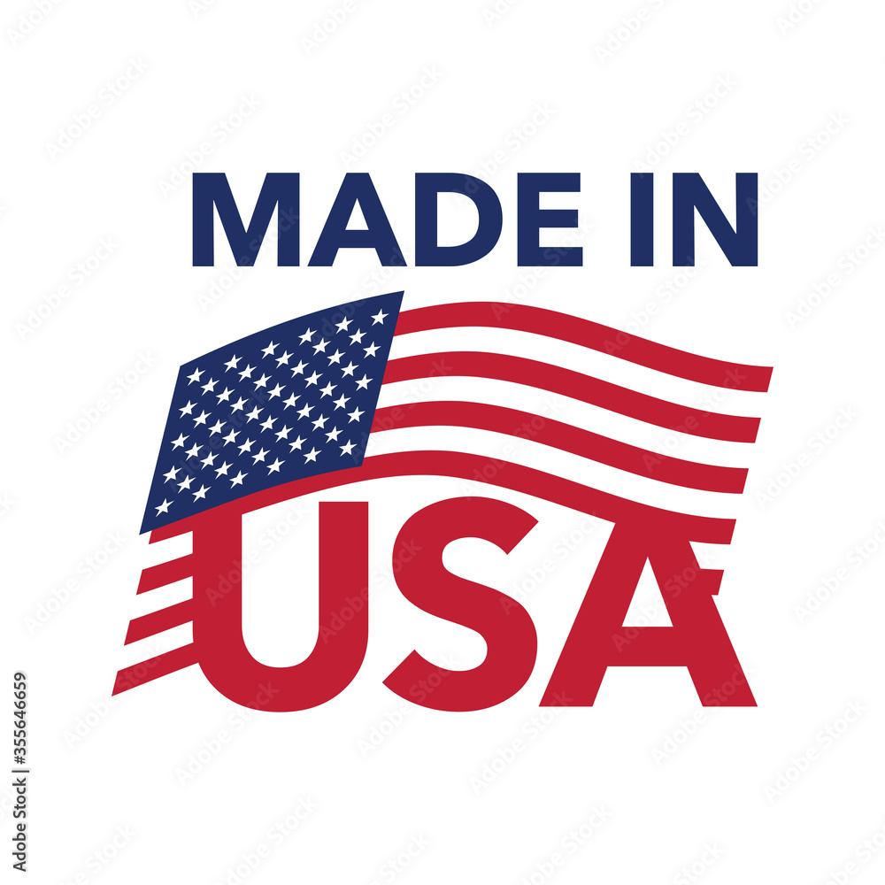 Made in USA badge stamp for authentic American production origin - isolated icon (sticker) with United States flag