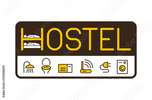 Hostel logo for reception signboard  banner with facilities pictogram set - shower, WC, microwave owen, Wi-Fi router, electric plug socket and washing machine