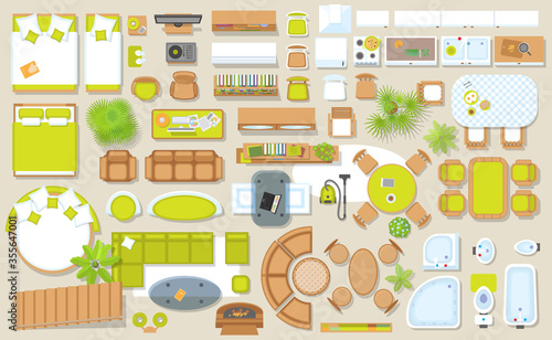 Icons set of interior (top view). Isolated Vector Illustration. Furniture and elements for living room, bedroom, kitchen, bathroom. Floor plan (view from above). Furniture store.