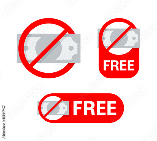 Free icon set (gratis, unpaid service or product) - crossed out money bank note and ford in creative tag style - isolated element collection