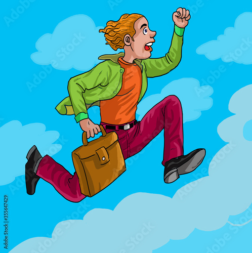 The man runs to the sky cartoon. Fantasy and Business concept illustration. 