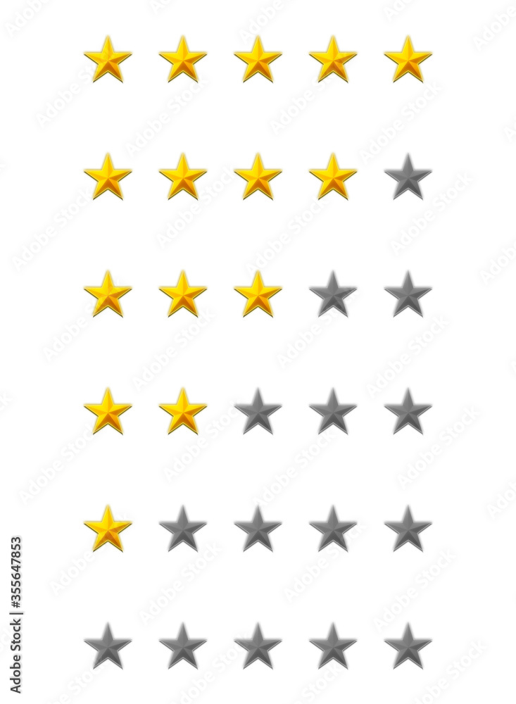 A pack of various ratings, from zero to five, expressed with golden or gray stars on a white background. Pick your own.
