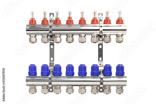 Hydronic control appliances for underfloor heating and cooling. Manifold assembly for floor heating. Collector group with 8 outputs. Isolated on a white background.