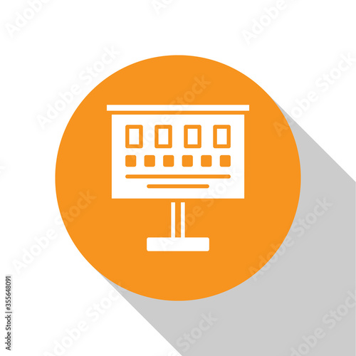 White Eye test chart icon isolated on white background. Poster for vision testing in ophthalmic study. Snellen chart. Orange circle button. Vector Illustration.
