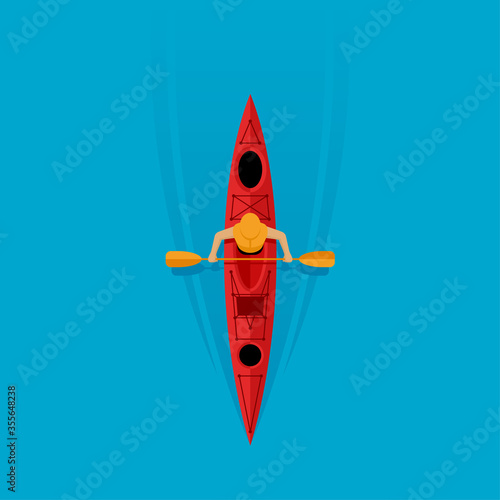 Kayaking top view - oarsman boating on the river surface - vector illustration for actove sports, leisure, touristic services