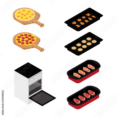 Set of various plates, forms of food and kitchen stove