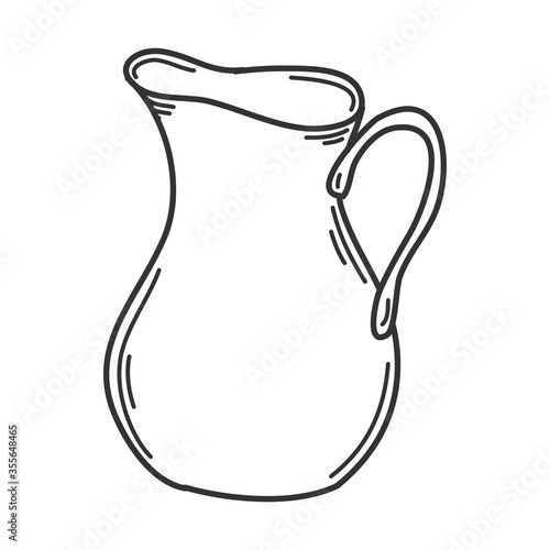 A milk jug in Doodle style. Kitchen utensils, cookware. Design element for decorating menu, recipes, and food packaging. Hand drawn and isolated on white. Black-white vector illustration