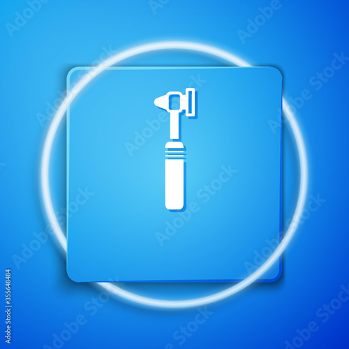 White Medical otoscope tool icon isolated on blue background. Medical instrument. Blue square button. Vector Illustration.