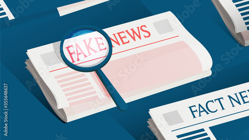 Spotting Fake News Articles. Newspaper Vector Illustration. Debunking, Hoax And Junk News Concept. Magnifying Glass Over Paper. Blue Background, Clean Flat Design